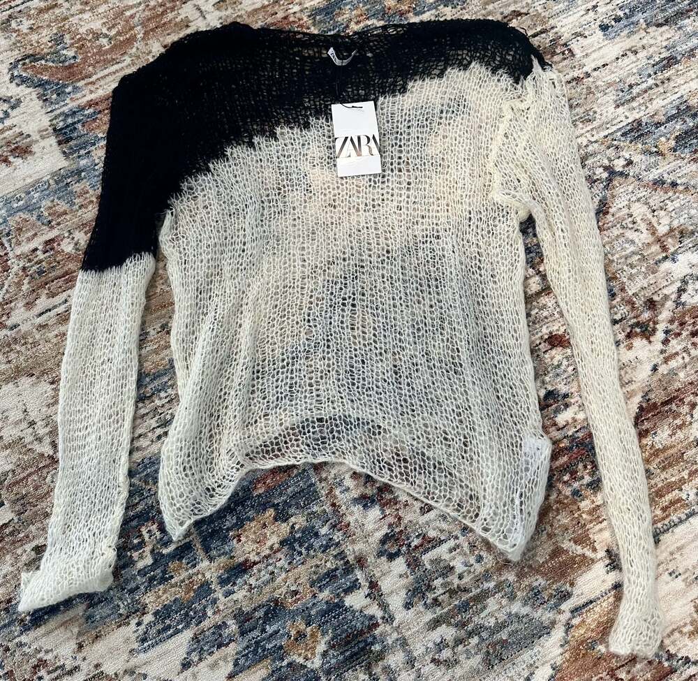 Zara Open-Knit Scoop Neck Sweater in Black and Cream